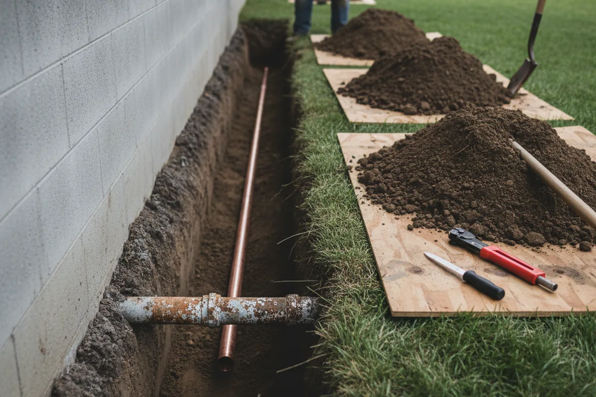 Excavated water line trench during Sewer Line Repair in Kersey